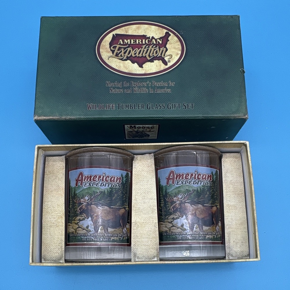 American Expedition Moose Tumbler Glass Gift Set 2pc Ideation Inc Vintage NIB